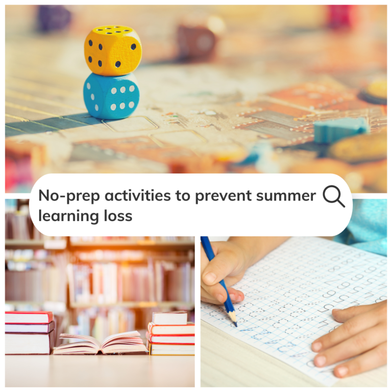 Board Games, books, and summer activities with a search bar for "no prep- activities to prevent summer learning loss"